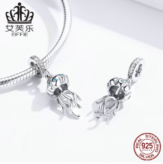 Avelle Original Beaded Ocean Collection Sterling Silver Jellyfish Pendant S925 White Gold Plated Charm DIY Bracelet Accessories