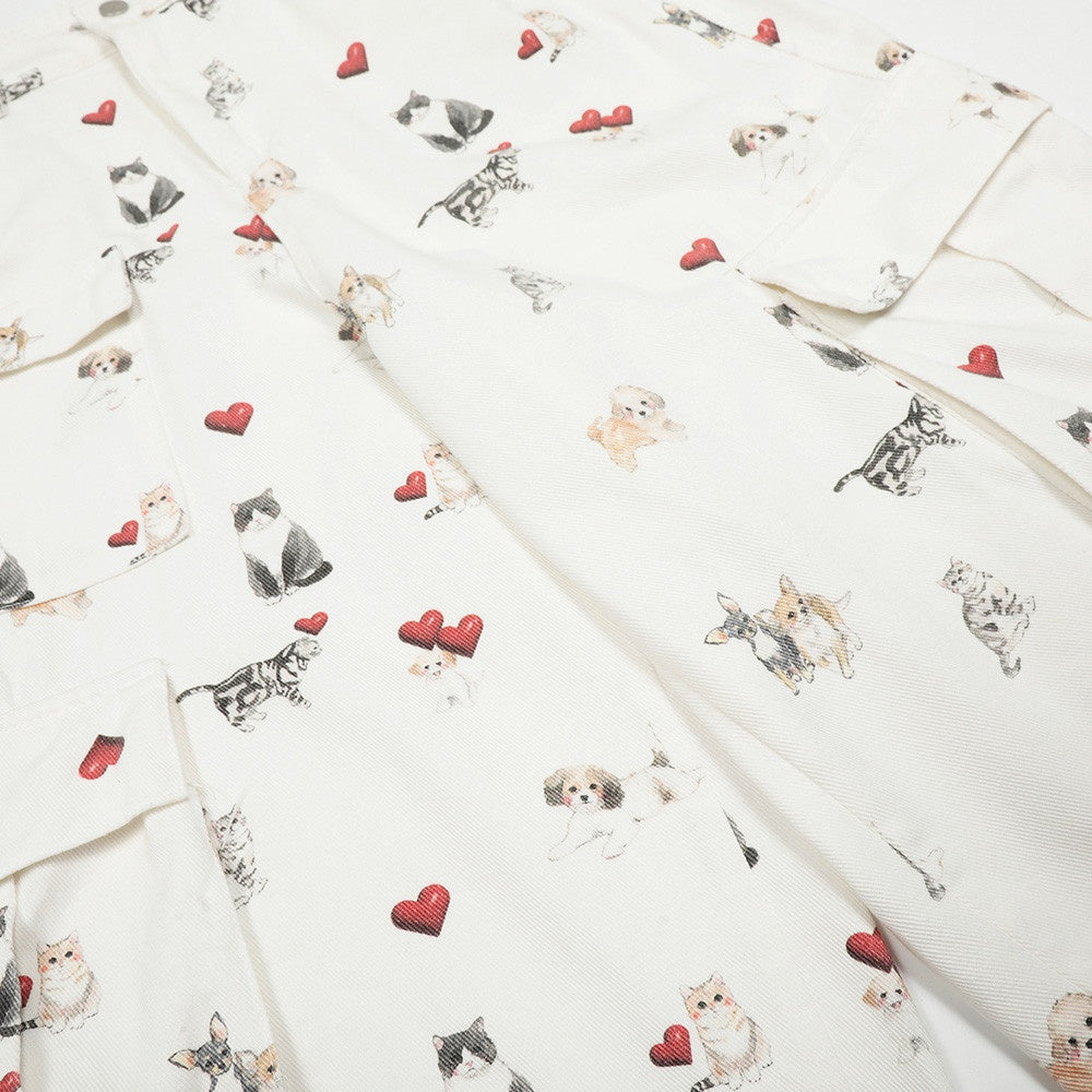 Multi-Pocket Denim Shorts with Digital Full Print Animal Cartoon