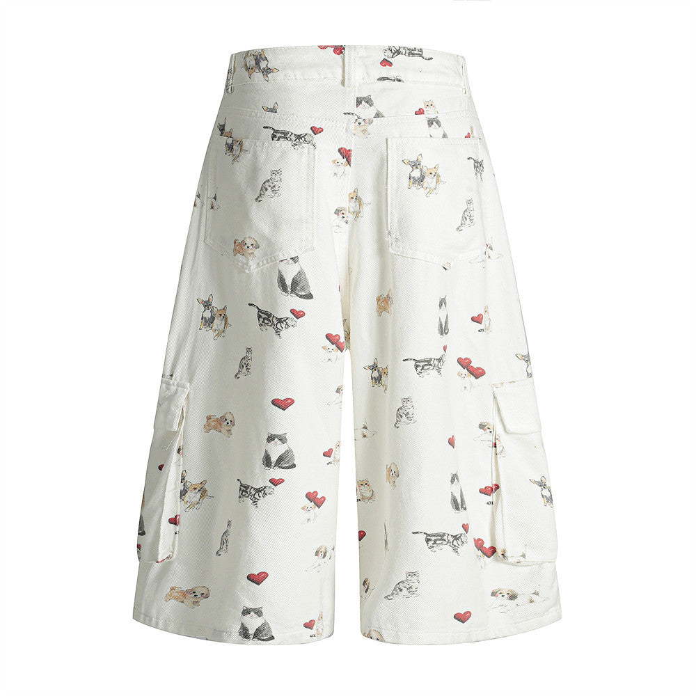 Multi-Pocket Denim Shorts with Digital Full Print Animal Cartoon