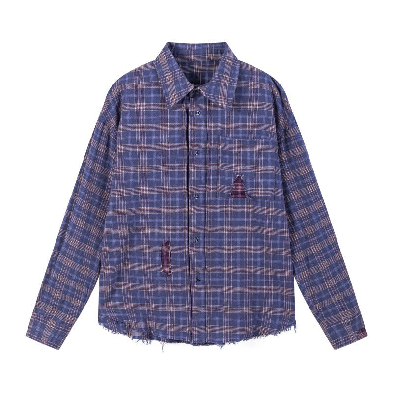 Collar torn hole shirt hem fringe shirt for men