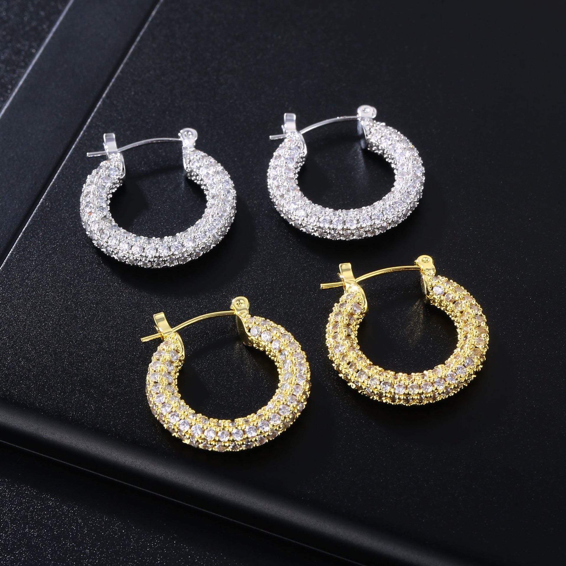 Ins Tide Personality Collection Circle Flash Diamond Earrings Micro-Set Zircon Earrings Net Red Temperament Hoop Earrings