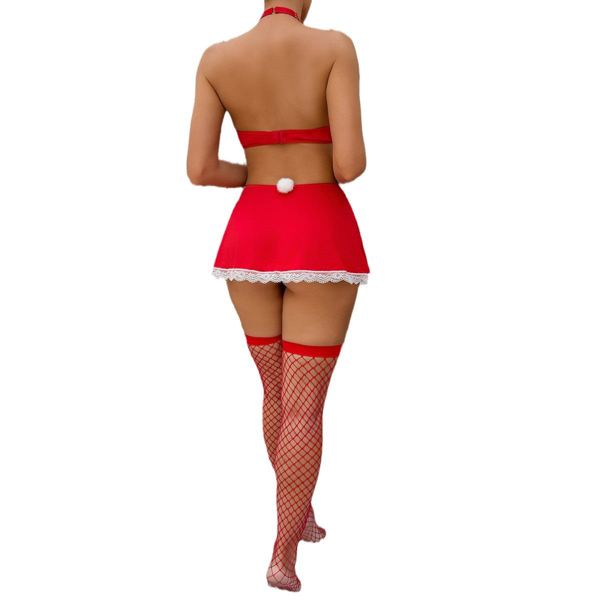 Christmas Red Maid Costume Halter Heart Hollow Out Sexy 4-Piece Set for Women
