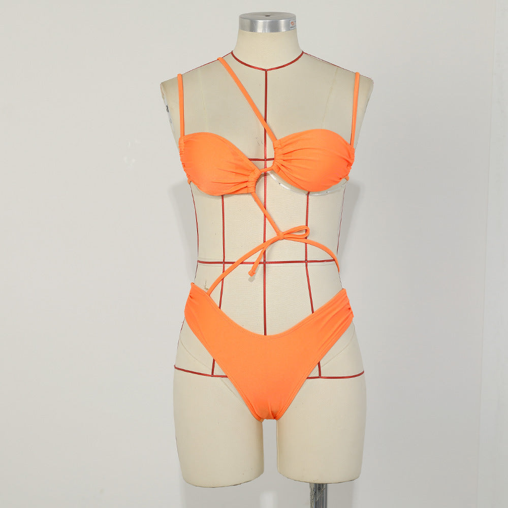 Solid Color Strap Bikini European and American Sexy Asymmetric