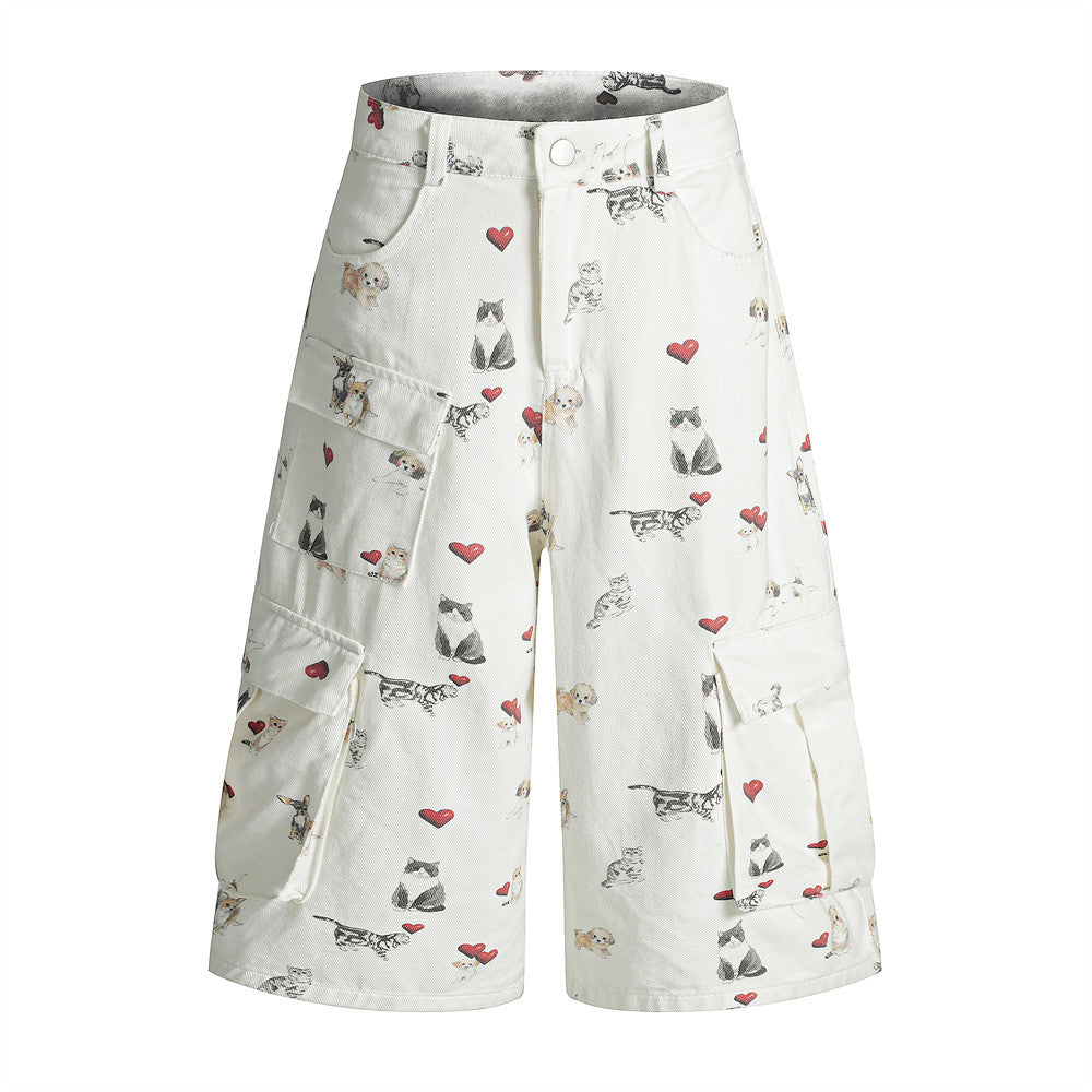 Multi-Pocket Denim Shorts with Digital Full Print Animal Cartoon