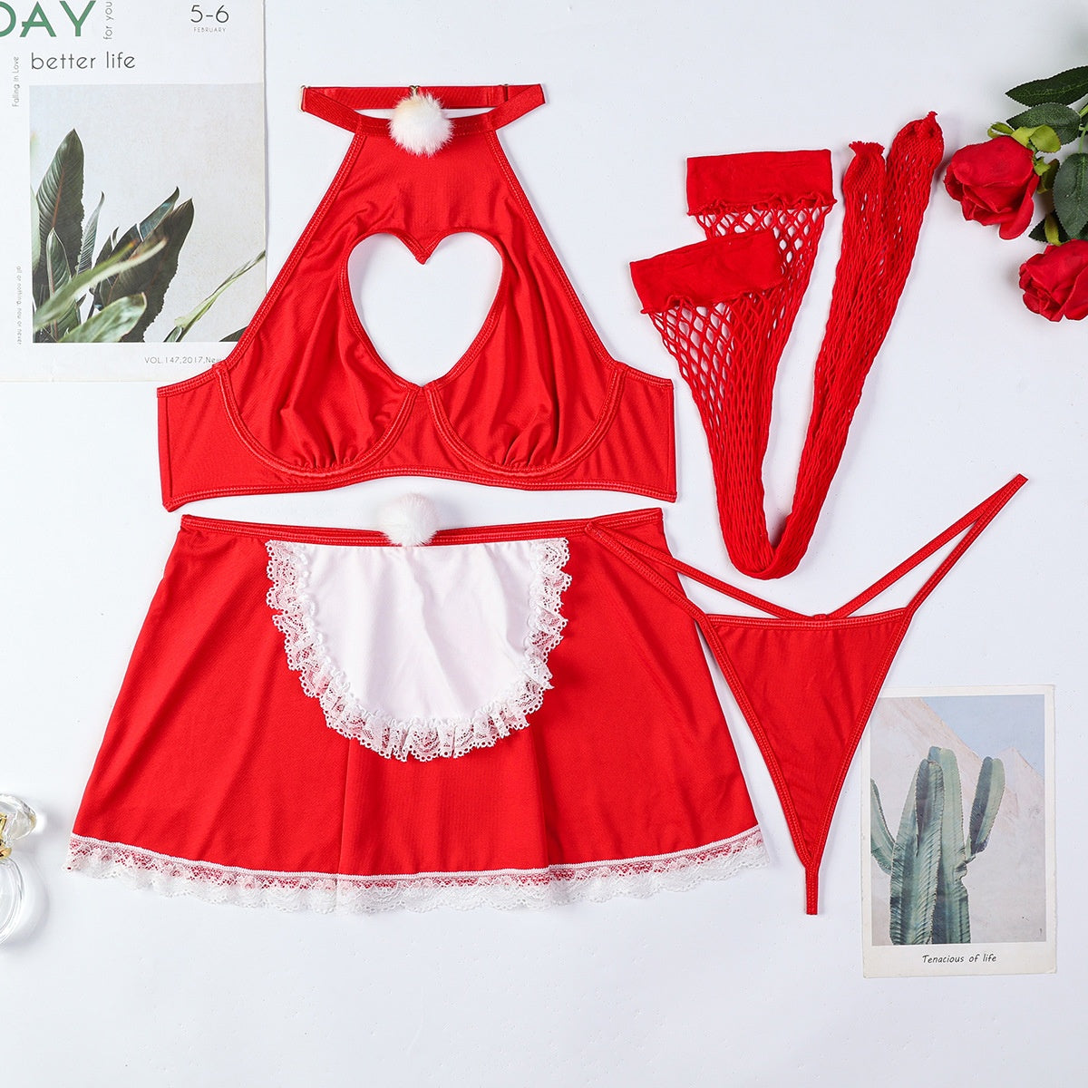 Christmas Red Maid Costume Halter Heart Hollow Out Sexy 4-Piece Set for Women