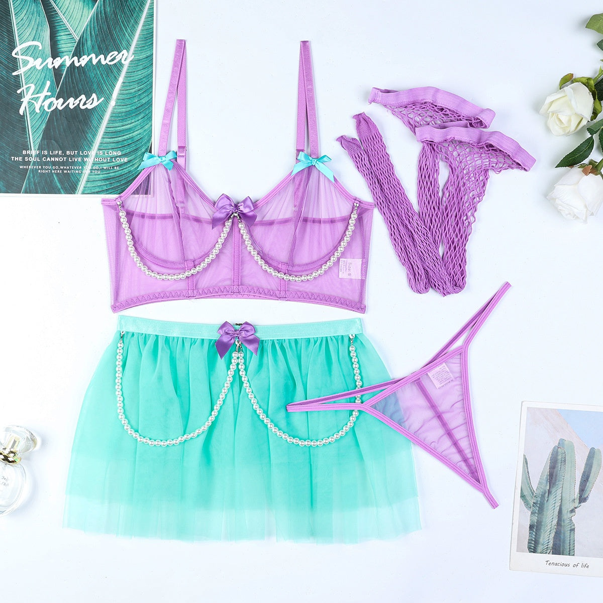 Color Block Splicing Mesh Tulle Fluffy Skirt with Pearl Bow Sexy