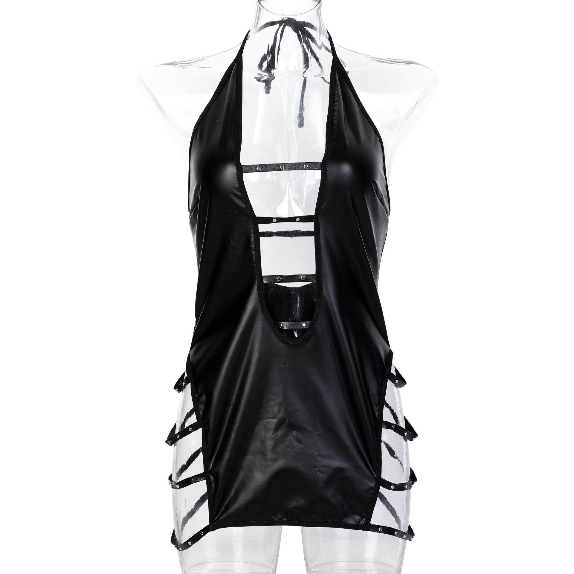 Black PU Leather Studded Metal Hollow Out
